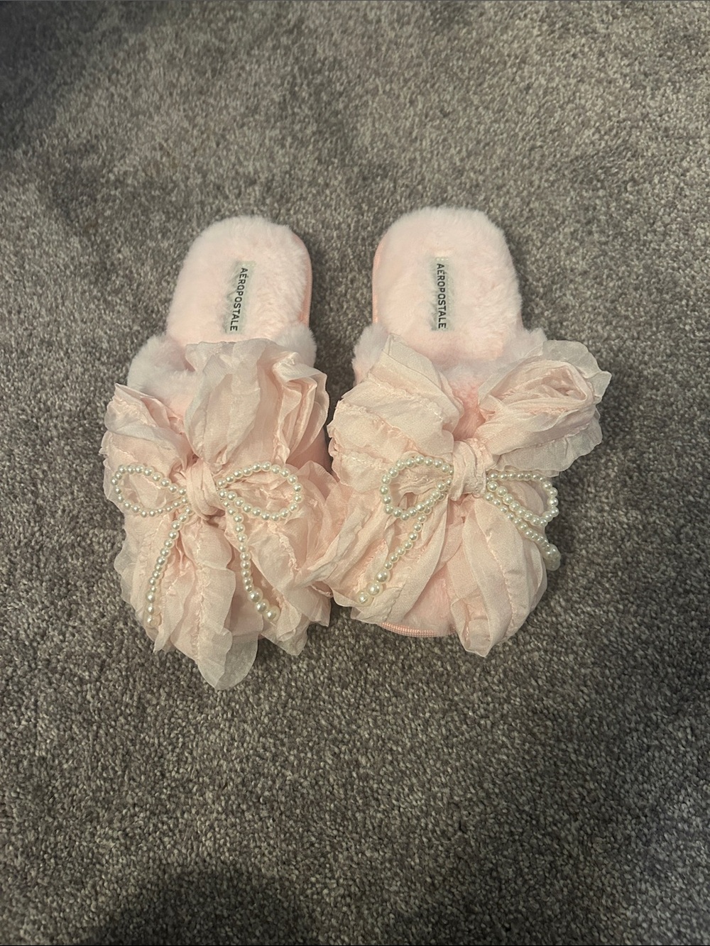 Aeropostale Light Pink Pearl-Embellished Bow Slide Slippers